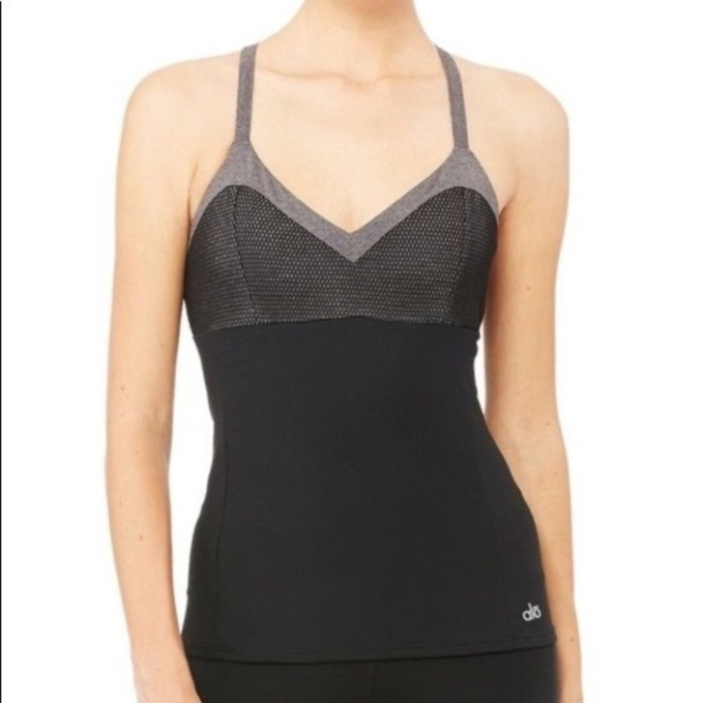 Alo Yoga Blossom long bra tank top grey mesh Med